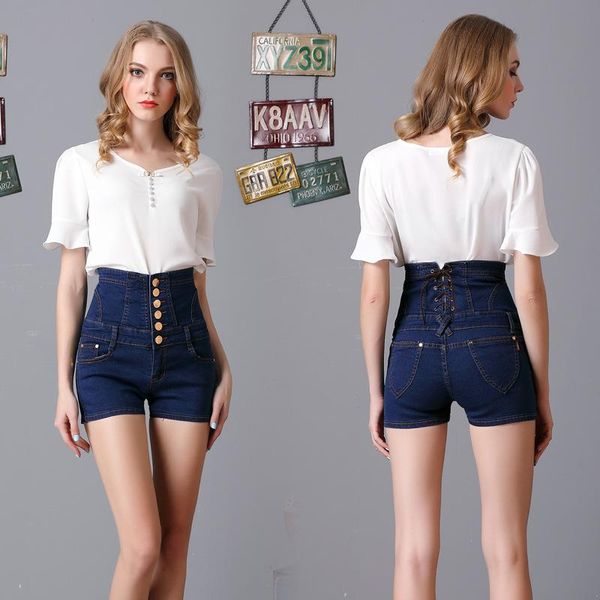 

summer high waist lace up women's shorts stretch skinny straight jeans mujer plus size elegant fashion short pants denim white, Blue