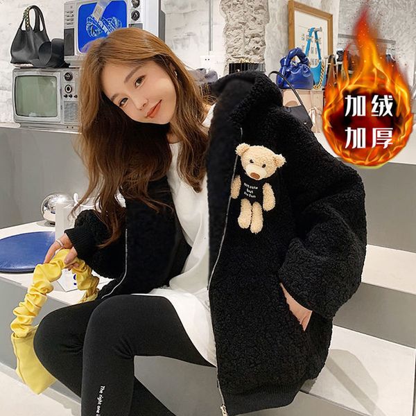 

women's hoodies & sweatshirts imitated lamb hair bear cardigan women's coat tides in addition to thick korean loose velvet yba8, Black