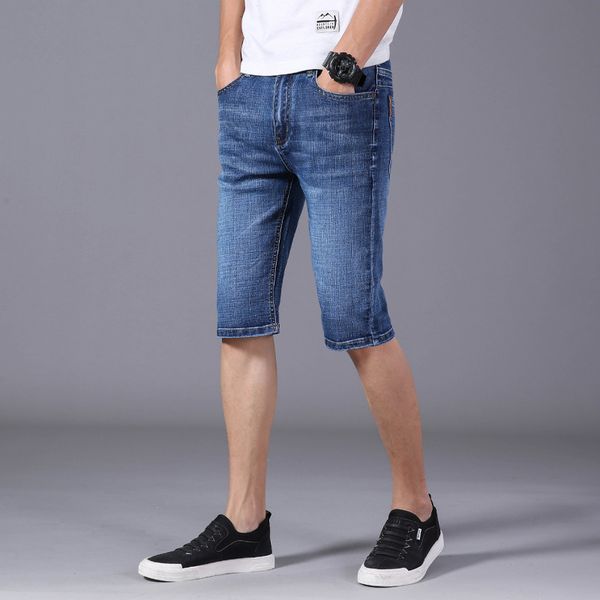 Homens Denim Shorts Summer Moda Marca Estiramento Fino Algodão Cowboy Masculino Joelho Do Joelho Comprimento Calças Blue Casual Calças de Jeans Shorts Homens 210518