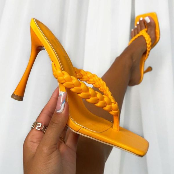 

slippers women flip flops fashion square toe sandals stiletto solid color high heels slides women's autumn shoes plus size 35-42, Black