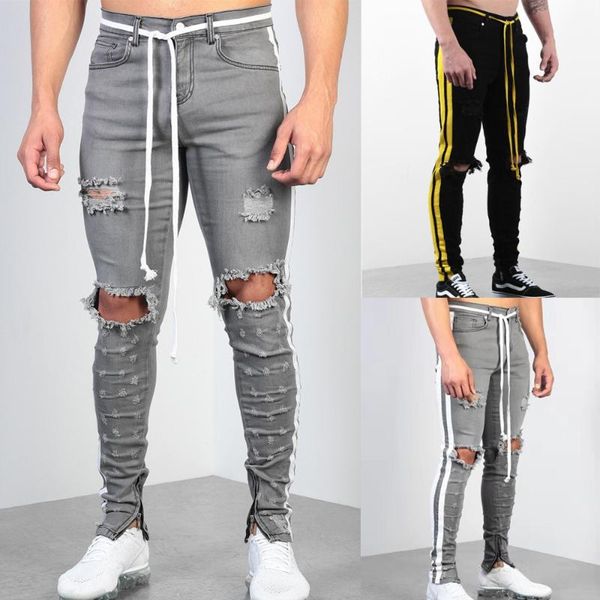 

men's pants men track casual button sports jogging bottoms hollow out fashion side stripe joggers gym sweatpants trousers hole, Black