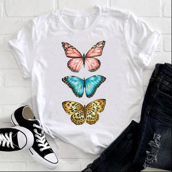 

women t shirts butterfly cute style short sleeve spring fashion lady clothes print tshirt female tee ladies graphic shirt, White