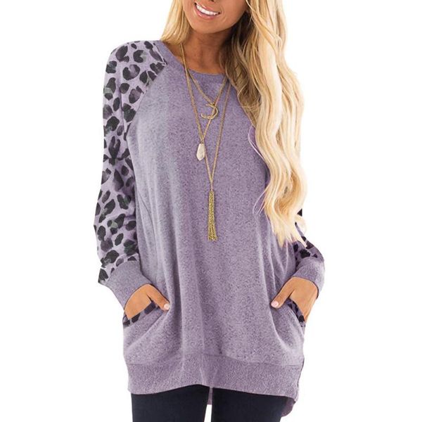 

women's t-shirt autumn casual women leopard long sleeves round neck pockets loose shirts sweatshirt vintage tshirt, White