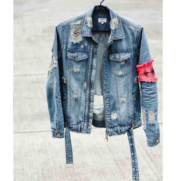 

New high street jacket casual men's and women's coats with holes on the back embroidered Bergamot finger denim top, As shown in figure