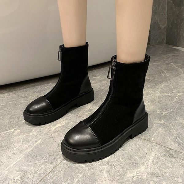 

boots women black square heel winter warm plush shoes zip mid-calf 2021