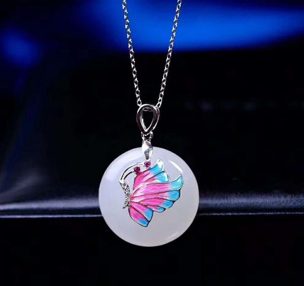 

lockets hetian white jade silver inlay pendant blue butterfly h14#