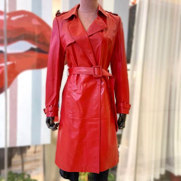 

women's leather & faux maylofuer genuine jacket long ladies windbreaker 100% natural sheepskin coat with belt slim and elegant, Black