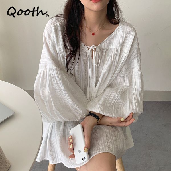 

qooth retro lantern sleeve solid shirt summer o-neck mid-length loose short-sleeved shirt causal pullover sweet qt599 210518, White