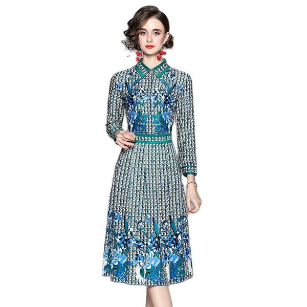 

long sleeve women floral shirt dress milan runway spring autumn fashion printed slim prom dresses 2022 vacation elegant single-breasted flow, Black;gray