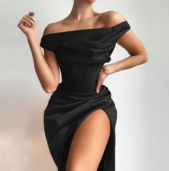 

2021 da spring 1320b ins one neck fashion slim split waist dress, White