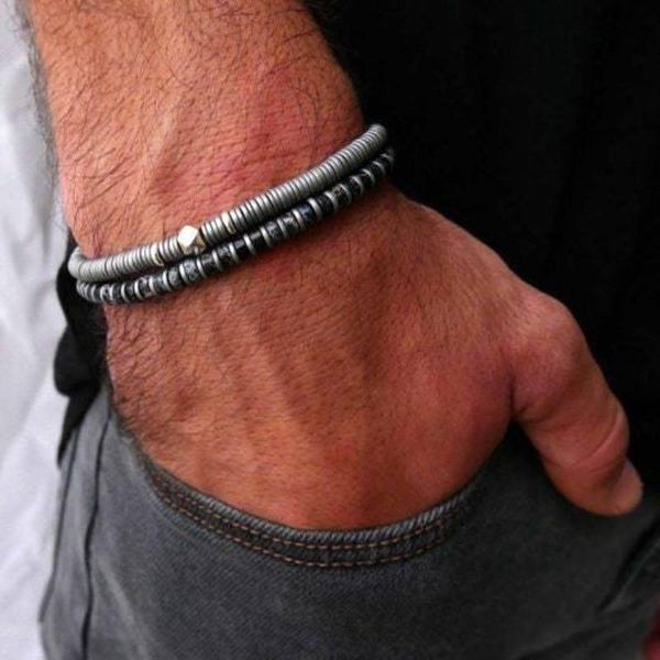 

beaded, strands men's bracelet set, beaded bracelet, silver gemstone husband gift, boho jewelry, Black