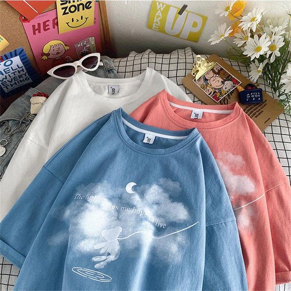

women's t-shirt harajuku letter printed retro 2021 summer japanese short-sleeved ins loose short hiphop tee, White