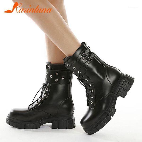 

boots karin women's fashionable shoes arrivals punk styel ankel solid platform shoelace buckles metal decroation1, Black