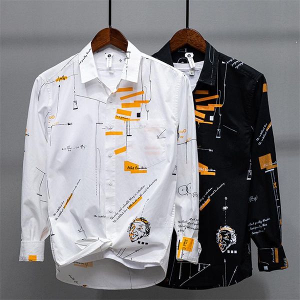 

men's casual shirts korean button shirt 2021 spring summer simple art leisure long sleeve printed youth city office top, White;black