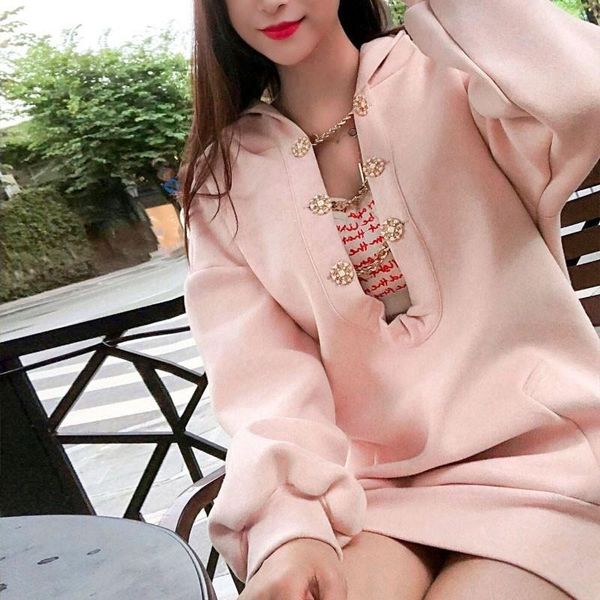 

women's jackets hooded pink jacket middle length office lady casual pullover loose puff sleeve o-neck pockets chain hollow out design c, Black;brown