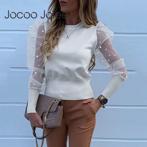 

women beading mesh blouse spring long sleeve solid pearl beaded design puff shirt casual elegant office 210428, White