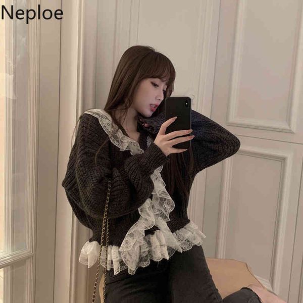 Neploe Increspature di pizzo pesante Maglioni neri Cardigan corto lavorato a maglia coreano Abiti donna autunno Cappotto dolce tutto abbinato 4G396 210422