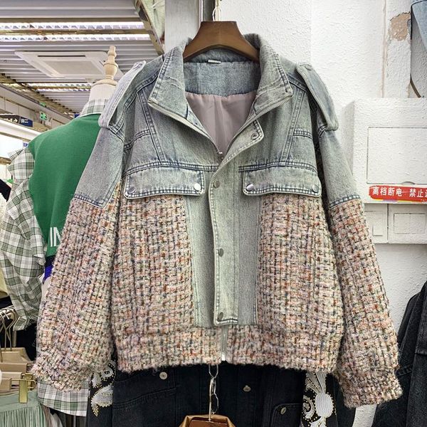 

women's jackets fashion women vintage tweed patchwork denim jacket autumn 2021 stand collar long sleeve loose casual female outwear bas, Black;brown