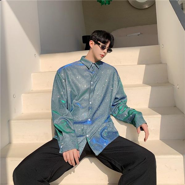 

men's casual shirts summer fashion nightclub dj singer shiny long sleeve shirt stage costume men glossy polarized light vintage blouse, White;black
