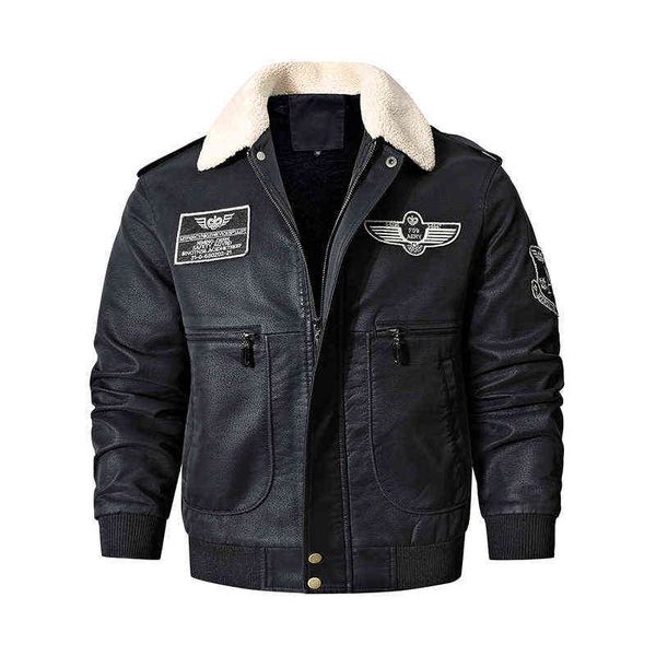 

men's bomber motorcycle leather jacket vintage brown military flight coat winter fleece faux pigskin plus size jaqueta, Black
