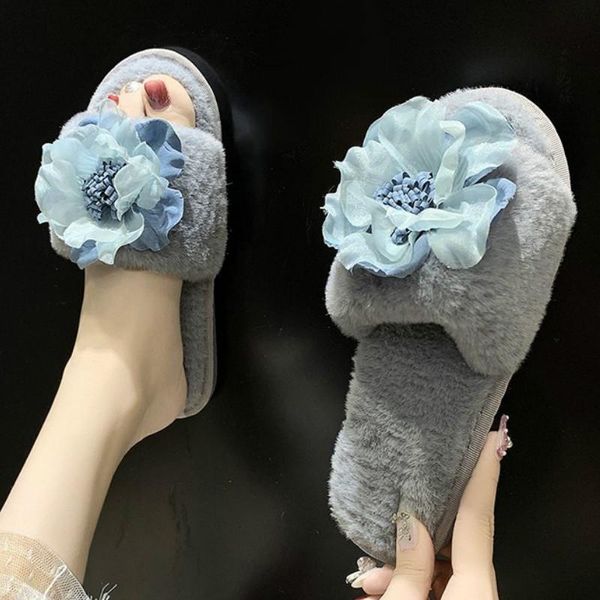 

slippers autumn summer flower women comfortable fur slides cute ladies flats shoes slip on home furry warm female, Black