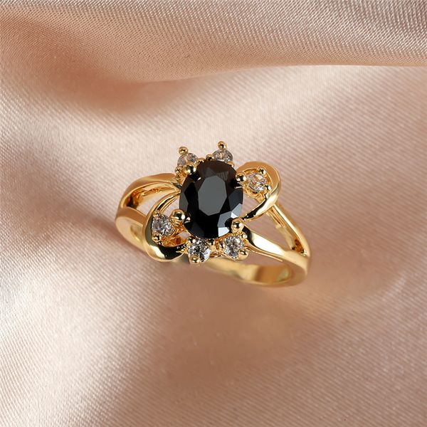 

designer rings punk female black crystal stone jewelry charm gold color thin wedding for women trendy bride oval zircon engagement ring, Golden;silver