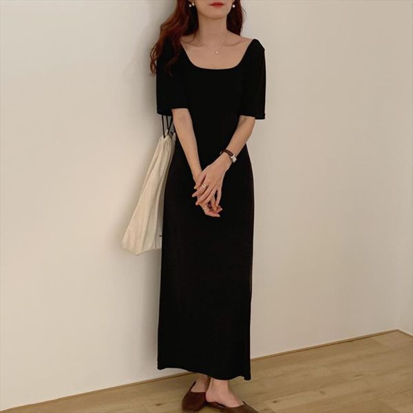 

harajuku vintage hepburn summer women dresses slim square neck backless black midi vestidos 8a099, Black;gray