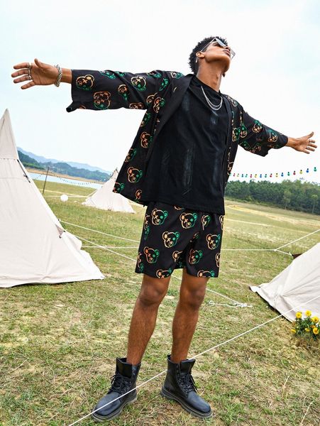 

men allover cartoon kimono & shorts 34e2#, Gray