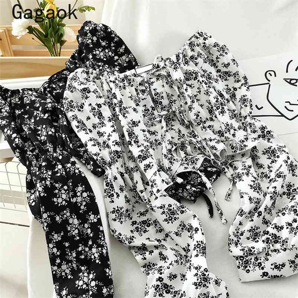 

vintage short women fashion shirts spring autumn slash neck floral print bow navel wild and blouses 210531, White