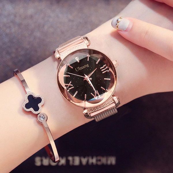 

wristwatches ulzzang brand fashion women watches starry sky rose gold lady watch elegant casual luxury female wristwatch magnet buckle clock, Slivery;brown