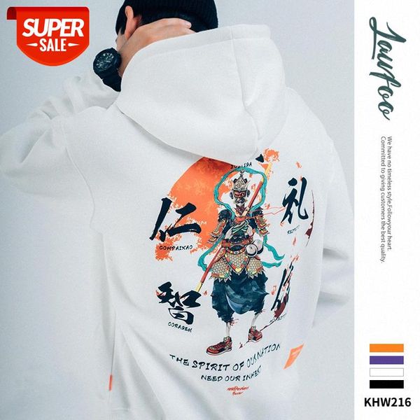 

lawfoo chinese sentence print men's plush fleece couple hooded sweatshirt #df2s, Black