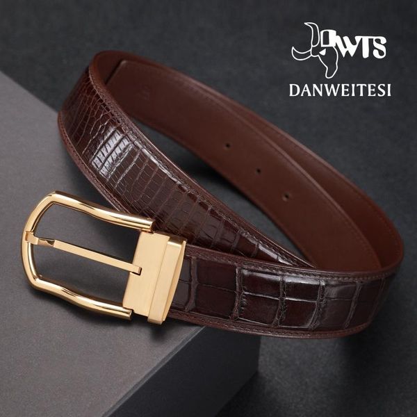 

belts [dwts]genuine leather men belt crocodile skin luxury strap male fashion classic vintage pin buckle high quality, Black;brown