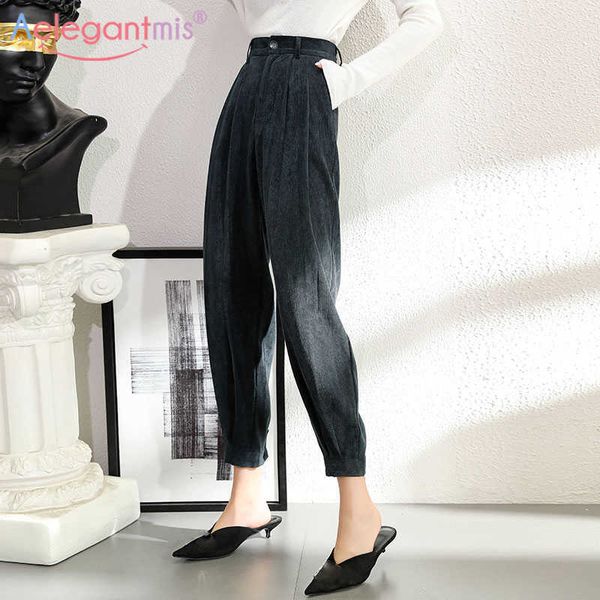 

aelegantmis high waist loose harem pants women office lady elegant solid quality casual trousers korean chic button 210607, Black;white