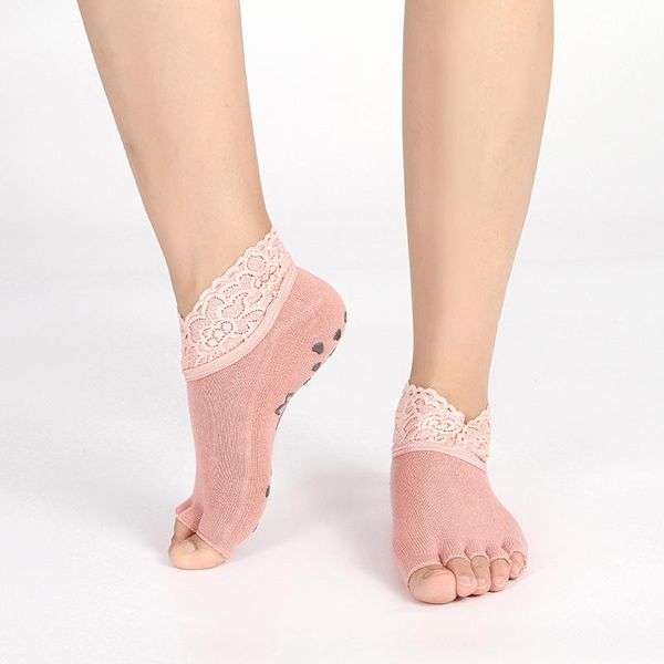 

sports socks pair women yoga five toe anti-slip ankle grip dots pilates fitness gym ladies with lace, Black
