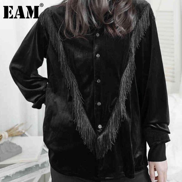 

[eam] women black velvet tassel big size blouse lapel long sleeve loose fit shirt fashion spring autumn 1dd5977 210512, White