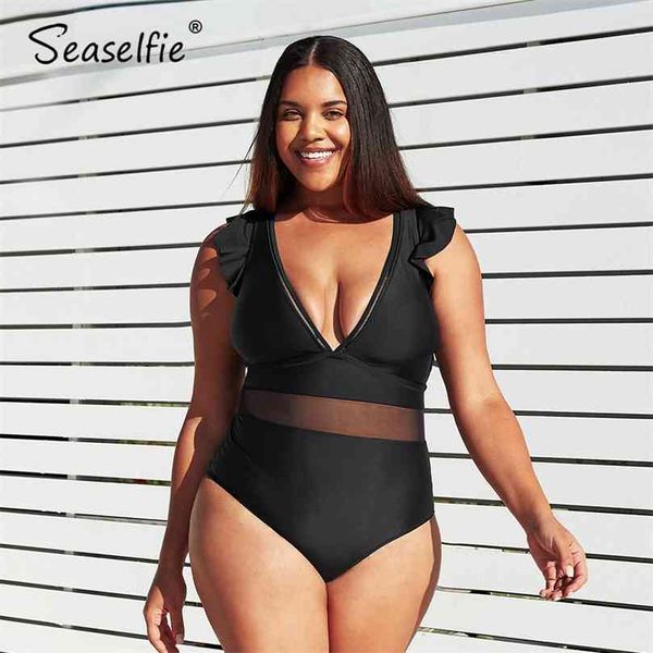 Seaselfie Plus Size Negro Malha V-Neck Swimsuit Mulheres Grande Sexy Monokini Banhando Swimwear 210712