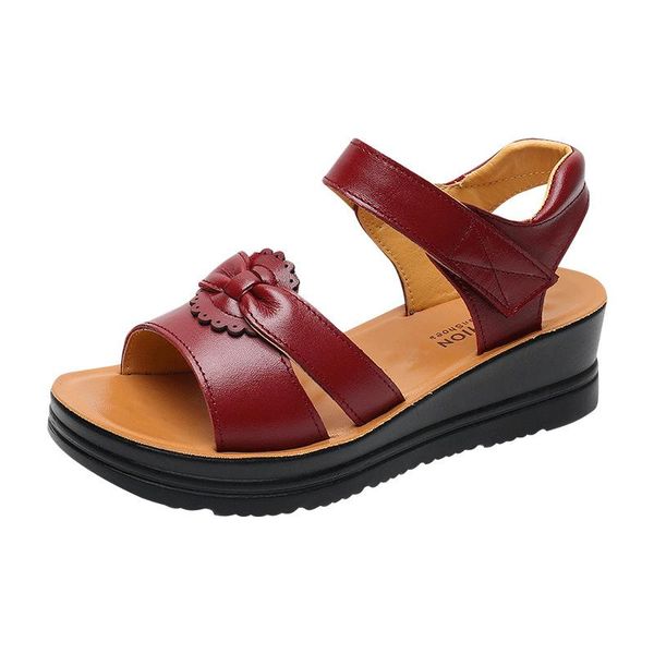 

sandals summer leather women's flat bottom wedges slippers layer soft cowhide middle-aged, Black