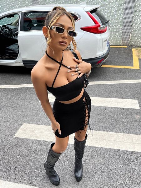 

criss cross halter and lace up skirt a6tg#, White