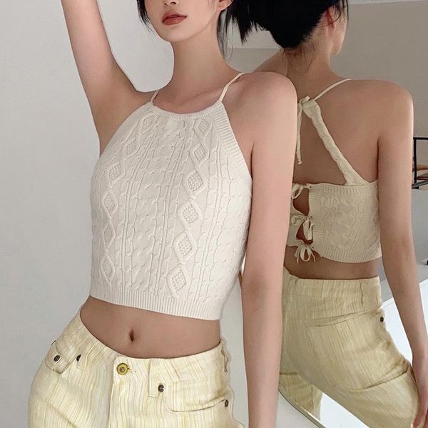 

women's tanks & camis fashion women tank casual halter sleeveless solid color tie back cable knit camisole streetwear, White