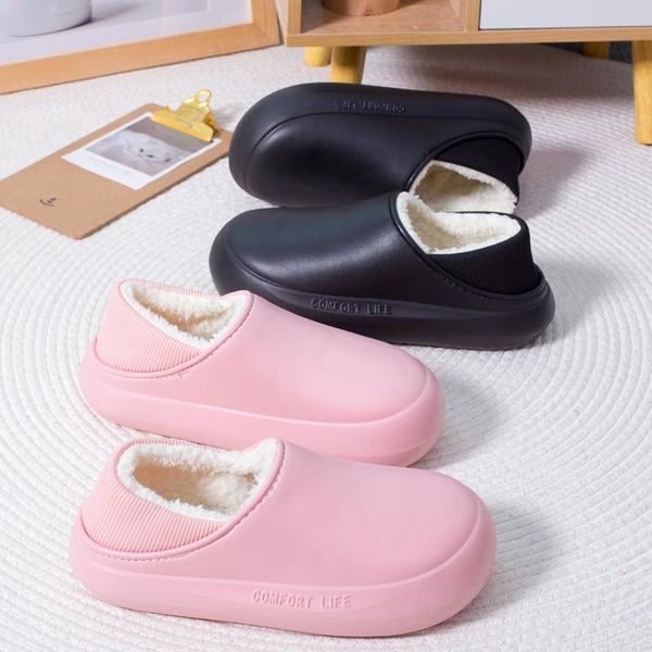 

slippers waterproof cotton women's winter thick bottom plush warm lovers with soft bag shoes, Black