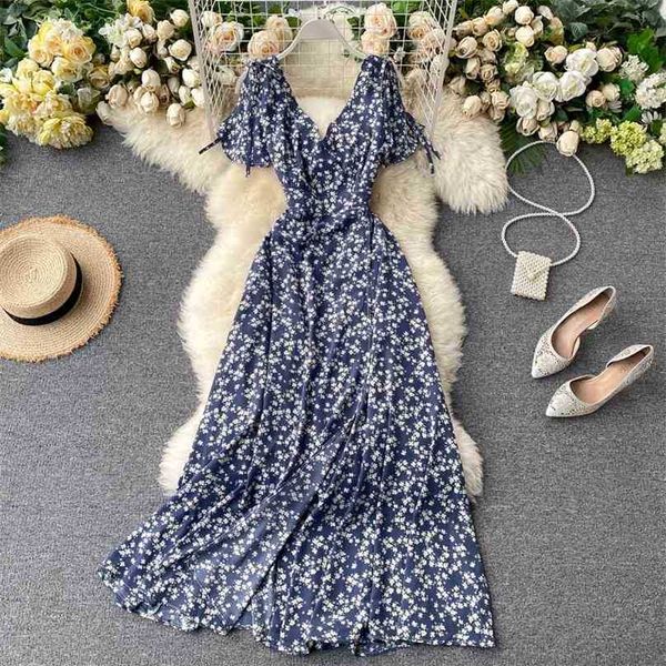 

women vintage maxi dress summer short sleeve v neck bohemian elegant ladies floral printed party long robe femme 210525, Black;gray