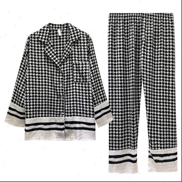 

pajamas print houndstooth nightwear womens sleepwears silky satin pijamas suit casual loose 2pcs shirt amp pant spring home clothes, Black;red