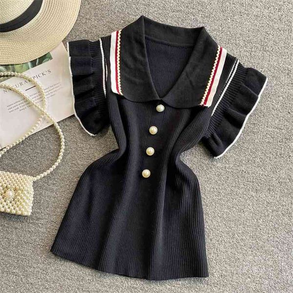 

summer fashion korean lapel knitted crop women flying sleeve striped patchwork thin blouse female sweater femme 210602, White;black