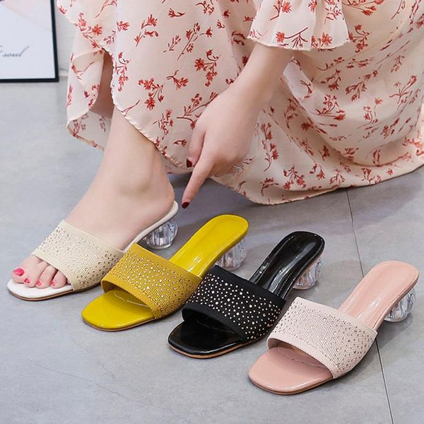 

women slides 4.5cm high heels weave mules summer female slippers crystal pink sandals lady mesh clear block low shoes, Black