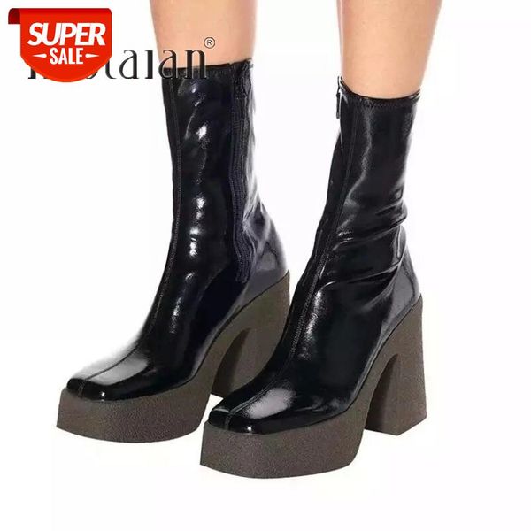 

new 2020 autumn winter brand elastic leather shoes for women ankle boots high heels balck brown female platform boots #jd3t, Black