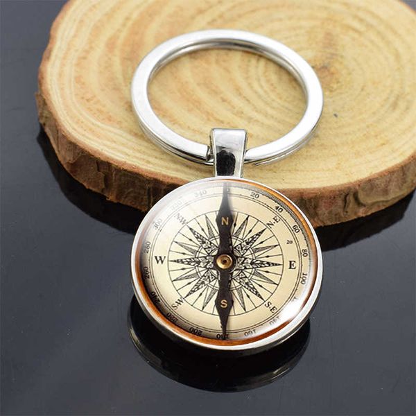 Vintage Compass Photo Double Side Glass Cabochon Portachiavi Uomo Donna Borsa Ciondolo Portachiavi Regalo da viaggio G1019