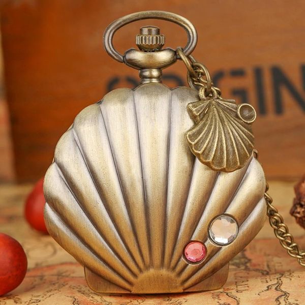 

pocket watches fashion mermaid shell watch unique glossy metal scallop case crystal pendant necklace superb clock + accessory, Slivery;golden