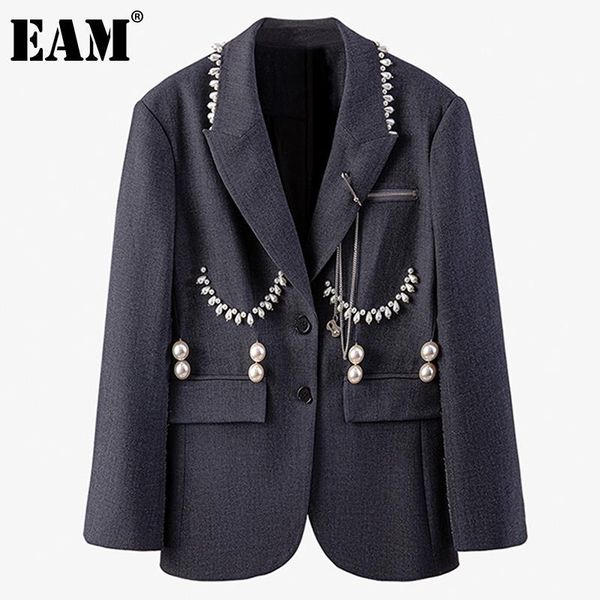 

[eam] women pearl temperament big size blazer notched collar long sleeve loose jacket fashion spring autumn 2021 1dd3938 women's suits, White;black