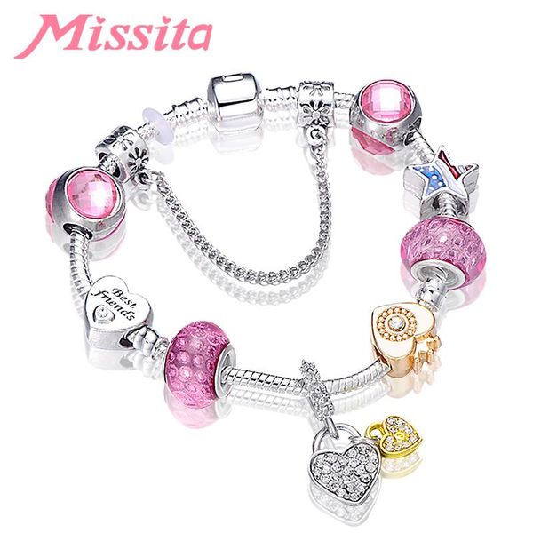 

charm bracelets missita love heart series bracelet with clear cz charms pink murano bead brand bangle for women jewelry anniversary gift, Golden;silver