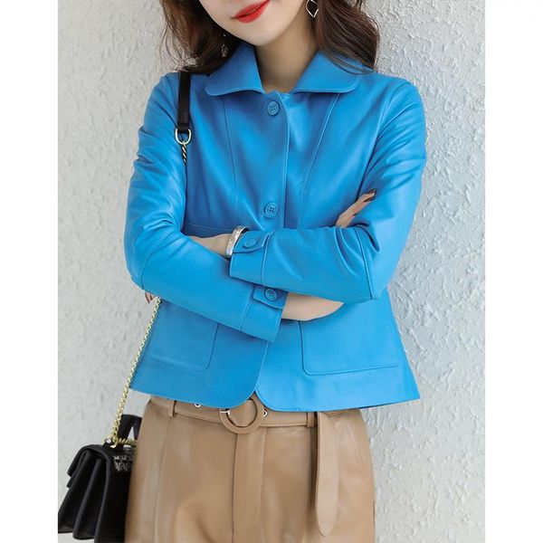 

women's leather & faux 2021 spring autumn genuine jacket women real sheepskin coat short blue korean clothes fashion veste femme wpy283, Black